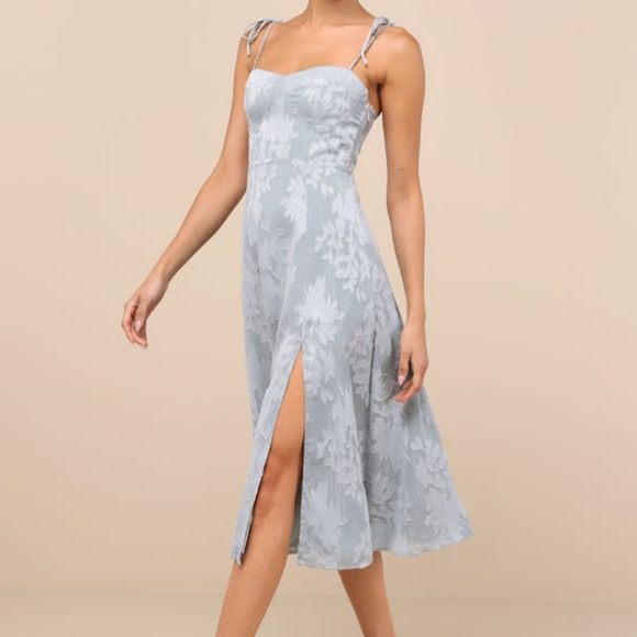 Lulus Loveliest Looks Dusty Blue Floral Jacquard Tie-strap Midi Dress - Size XL - Picture 1 of 1